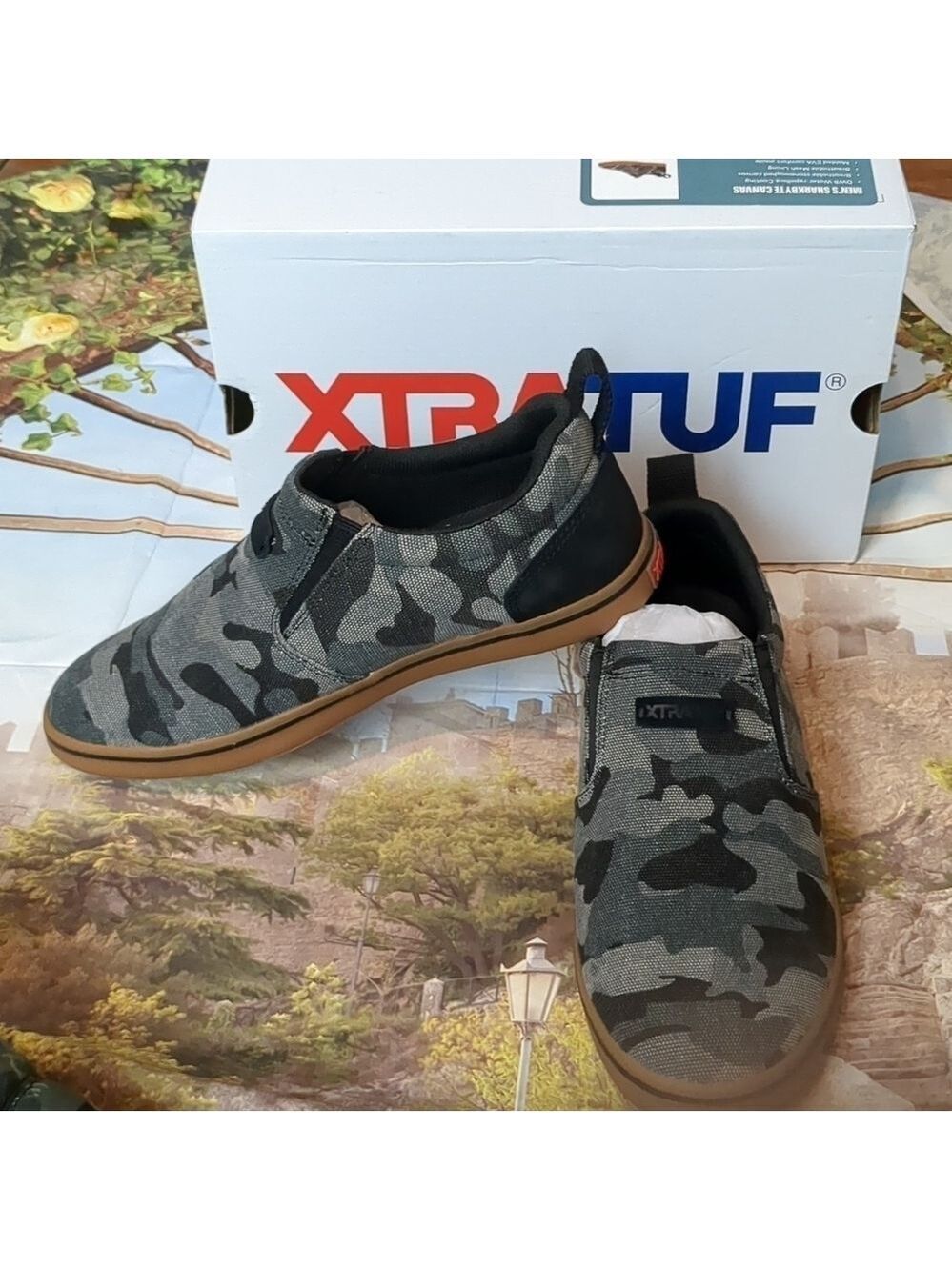 Xtratuf sharkbyte canvas black camo slip on shoes size 9.5